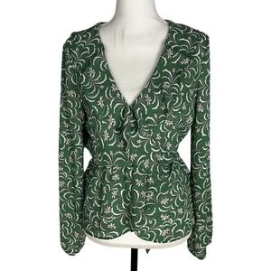 Max Studio Wrap Top Size S Green Floral Long Sleeve Tie Waist